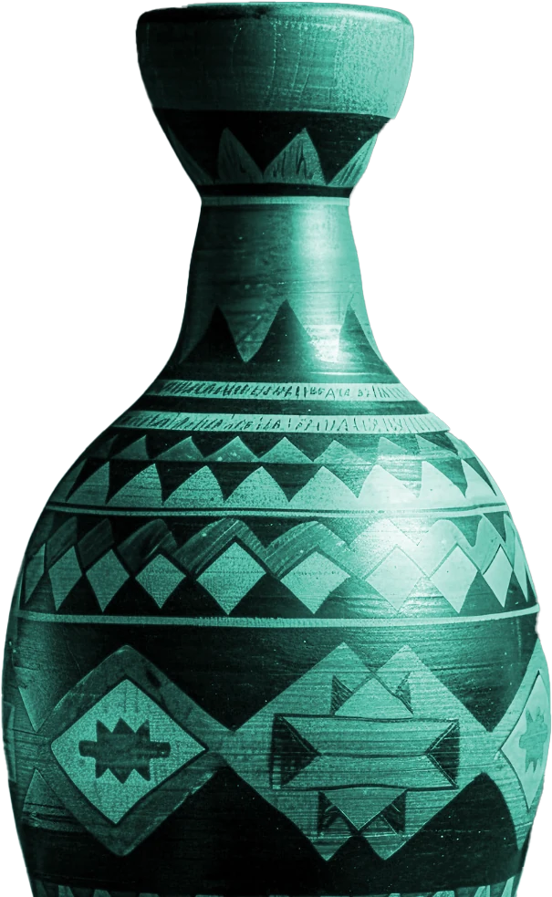 A ceramic vase painted with bands of triangles and diamonds, in deep teal.